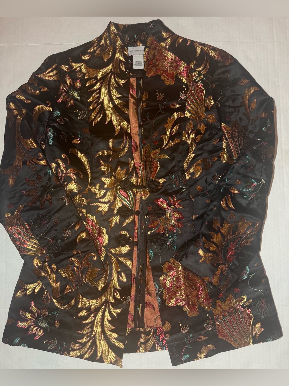 Soft Surroundings Moon Dynasty Brocade Jacket Black Gold Floral Frog Closure S